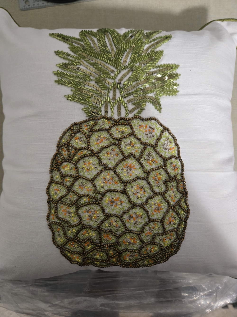 Saro Embellished Pineapple Throw Pillow - Green on White 18x18 NEW